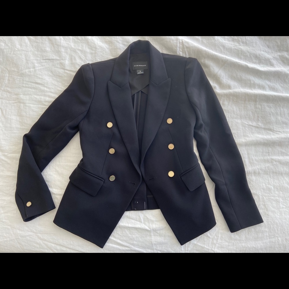 Work once, black blazer, gold buttons